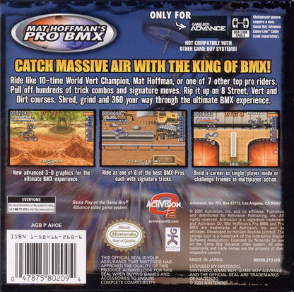 Mat Hoffman's Pro BMX | Game Boy Advance | back cover | region=North America | source-country=United States | zypher-v2 | moby-5008588ca9a5 | Data by MobyGames.com