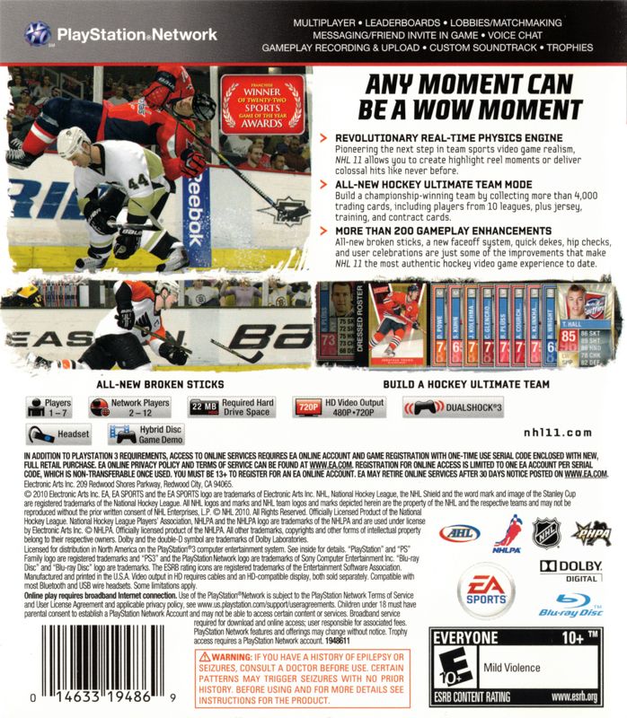 NHL 11 | PlayStation 3 | back cover | region=North America | source-country=United States | zypher-v2 | moby-7e6c4dd114d9 | Data by MobyGames.com