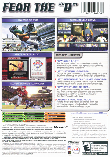 Madden NFL 2005 | Xbox | back cover | region=North America | source-country=United States | zypher-v2 | moby-041a87ef1fcb | Data by MobyGames.com
