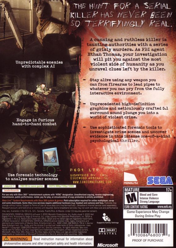 
Condemned: Criminal Origins | Xbox 360 | back cover | Data by MobyGames.com