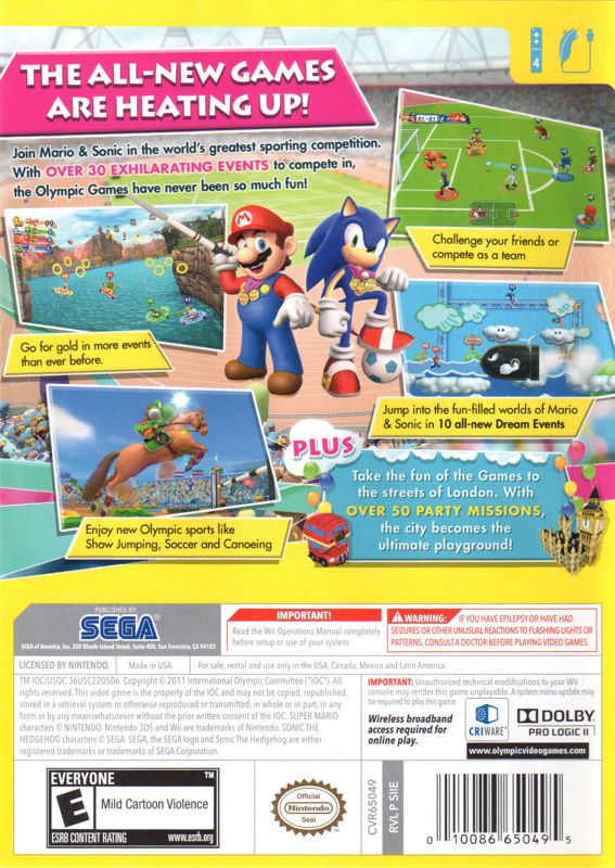 Mario & Sonic at the London 2012 Olympic Games | Wii | back cover | region=North America | source-country=United States | zypher-v2 | moby-75e9270bd165 | Data by MobyGames.com