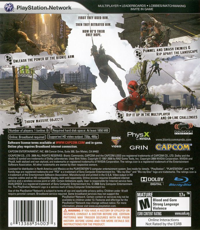 Bionic Commando | PlayStation 3 | back cover | region=North America | source-country=Canada,Mexico,United States | zypher-v2 | moby-67d15022bb79 | Data by MobyGames.com
