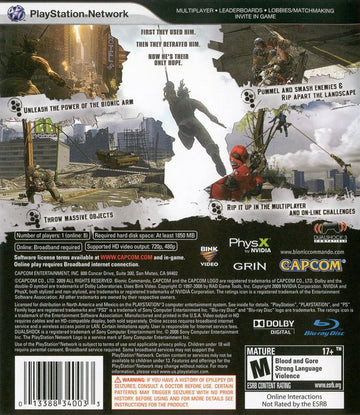 Bionic Commando | PlayStation 3 | back cover | region=North America | source-country=Canada,Mexico,United States | zypher-v2 | moby-67d15022bb79 | Data by MobyGames.com