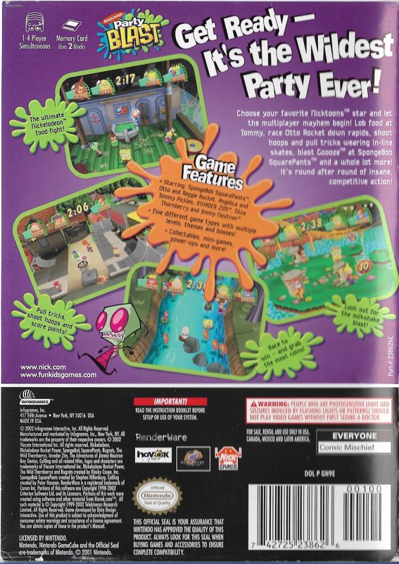 Nickelodeon Party Blast | GameCube | back cover | region=North America | source-country=Canada,United States | zypher-v2 | moby-4f6f90fec080 | Data by MobyGames.com