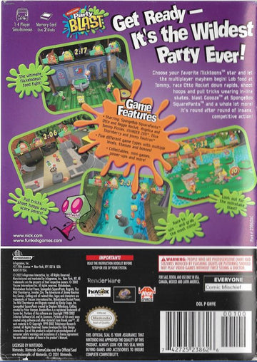 Nickelodeon Party Blast | GameCube | back cover | region=North America | source-country=Canada,United States | zypher-v2 | moby-4f6f90fec080 | Data by MobyGames.com