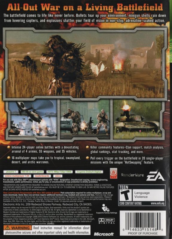 Battlefield 2: Modern Combat | Xbox 360 | back cover | region=North America | source-country=United States | zypher-v2 | moby-21a8c4121844 | Data by MobyGames.com