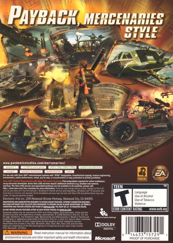 Mercenaries 2: World in Flames | Xbox 360 | back cover | Region: North America | source-country=United States | Data by MobyGames.com