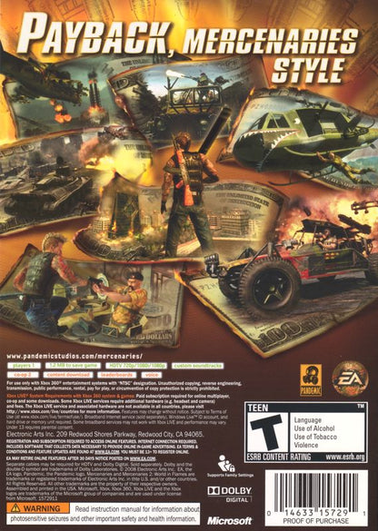 
Mercenaries 2: World in Flames | Xbox 360 | back cover | Region: North America | source-country=United States | Data by MobyGames.com