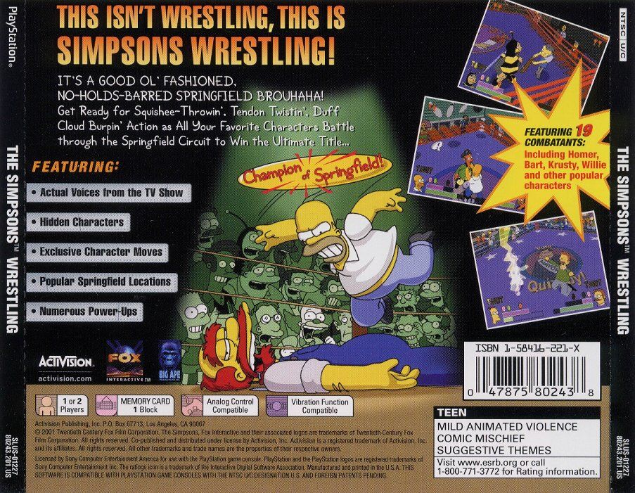 
The Simpsons Wrestling | PlayStation | back cover | Data by MobyGames.com
