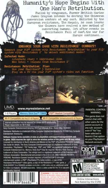 
Resistance: Retribution | PSP | back cover | Data by MobyGames.com