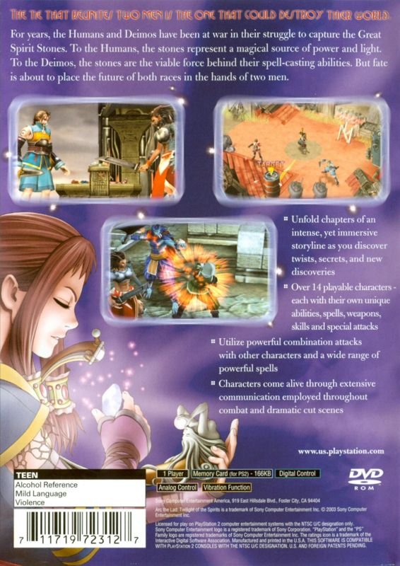 
Arc the Lad: Twilight of the Spirits | PlayStation 2 | back cover | Region: North America | source-country=Canada,United States | Data by MobyGames.com