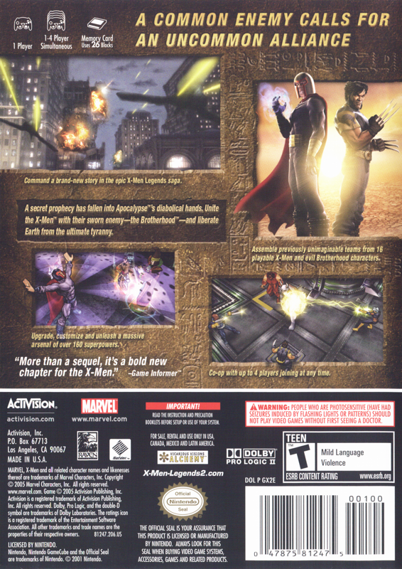 X-Men: Legends II - Rise of Apocalypse | GameCube | back cover | Region: North America | source-country=Canada,Mexico,Other,United States | Data by MobyGames.com