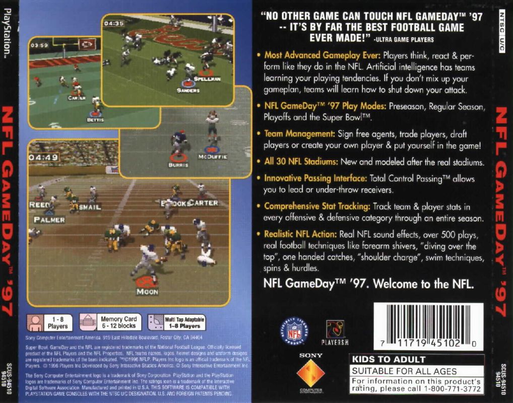 NFL GameDay '97 | PlayStation | back cover | region=North America | source-country=United States | zypher-v2 | moby-fcaadf58dfcd | Data by MobyGames.com