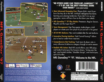 NFL GameDay '97 | PlayStation | back cover | region=North America | source-country=United States | zypher-v2 | moby-fcaadf58dfcd | Data by MobyGames.com