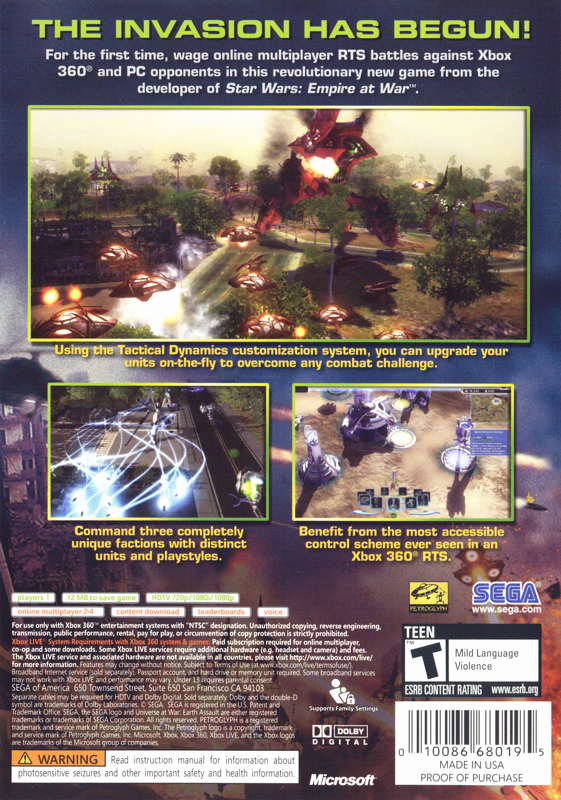 
Universe at War: Earth Assault | Xbox 360 | back cover | Region: North America | source-country=United States | Data by MobyGames.com
