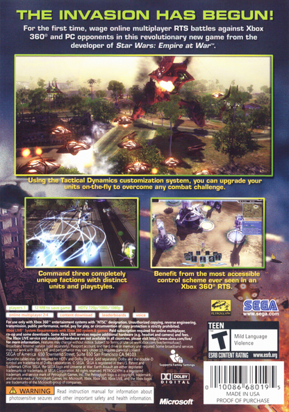 
Universe at War: Earth Assault | Xbox 360 | back cover | Region: North America | source-country=United States | Data by MobyGames.com
