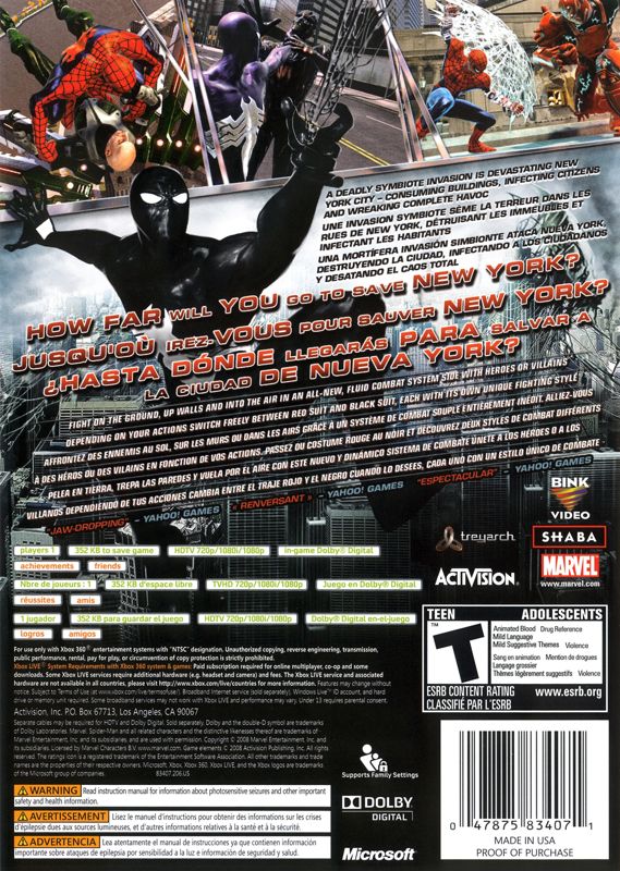 
Spider-Man: Web of Shadows | Xbox 360 | back cover | Data by MobyGames.com