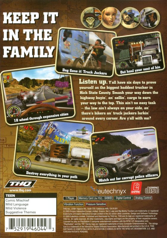Big Mutha Truckers | PlayStation 2 | back cover | Region: North America | source-country=Canada,United States | Data by MobyGames.com