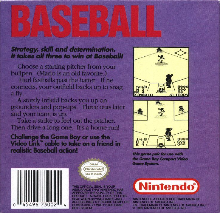 Baseball | Game Boy | back cover | region=North America | source-country=United States | zypher-v2 | moby-35a6a71a6bc2 | Data by MobyGames.com