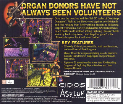 
Deathtrap Dungeon | PlayStation | back cover | Region: North America | source-country=United States | Data by MobyGames.com