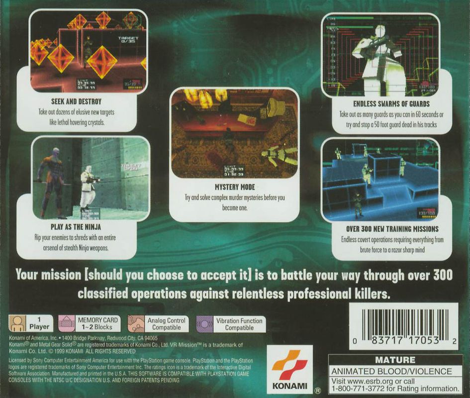 Metal Gear Solid: VR Missions | PlayStation | back cover | Region: North America | source-country=Canada,United States | Data by MobyGames.com