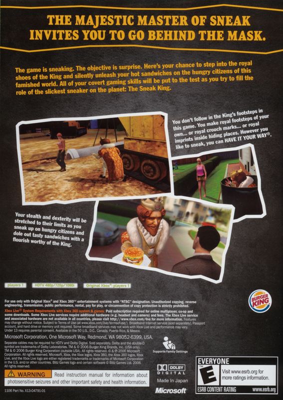 Sneak King | Xbox 360 | back cover | region=North America | source-country=Canada,United States | zypher-v2 | moby-ffc964648c02 | Data by MobyGames.com