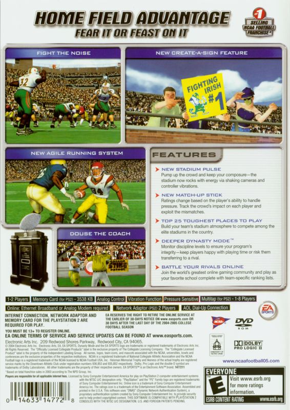 NCAA Football 2005 | PlayStation 2 | back cover | region=North America | source-country=Canada,United States | zypher-v2 | moby-d1e083a5aba2 | Data by MobyGames.com