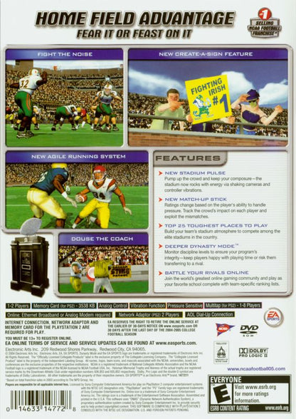NCAA Football 2005 | PlayStation 2 | back cover | region=North America | source-country=Canada,United States | zypher-v2 | moby-d1e083a5aba2 | Data by MobyGames.com