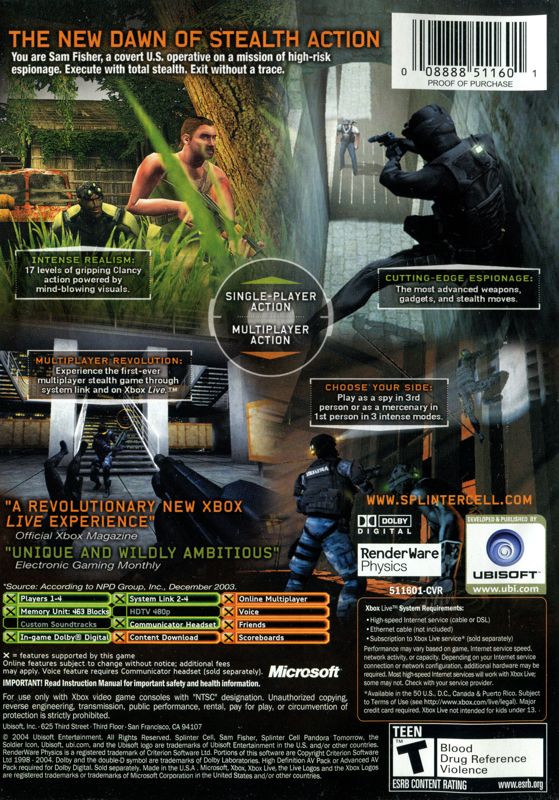 Tom Clancy's Splinter Cell: Pandora Tomorrow | Xbox | back cover | region=North America | source-country=Canada,United States | zypher-v2 | moby-a3a127b21e98 | Data by MobyGames.com