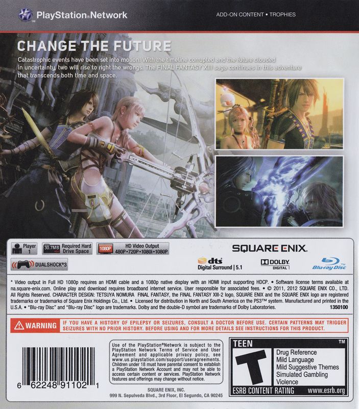 Final Fantasy XIII-2 | PlayStation 3 | back cover | region=North America | source-country=United States | zypher-v2 | moby-412f489b036d | Data by MobyGames.com