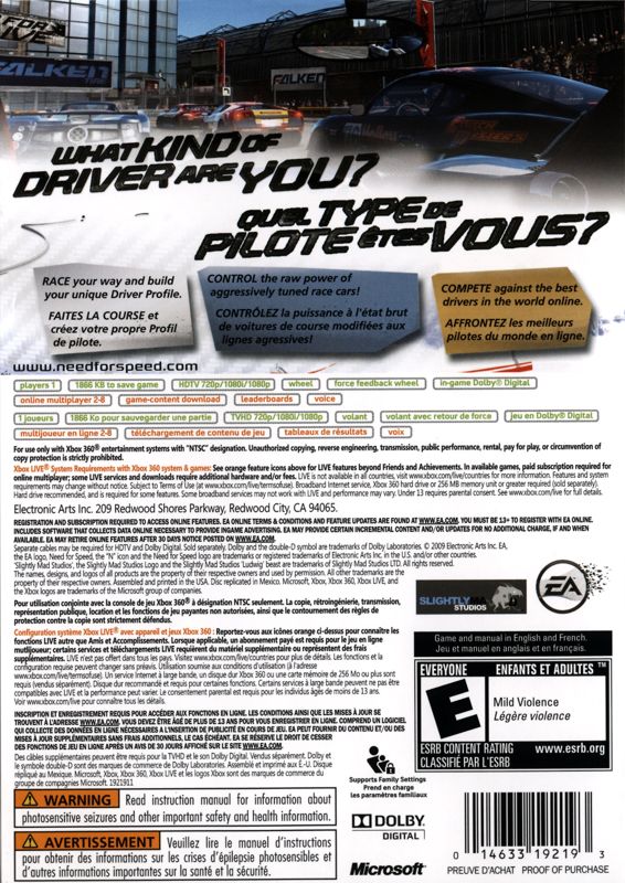 Need for Speed: Shift | Xbox 360 | back cover | region=North America | source-country=Canada,United States | zypher-v2 | moby-7382bd4dd18c | Data by MobyGames.com