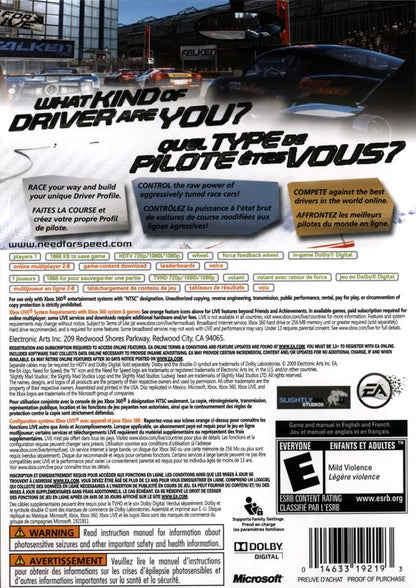 Need for Speed: Shift | Xbox 360 | back cover | region=North America | source-country=Canada,United States | zypher-v2 | moby-7382bd4dd18c | Data by MobyGames.com
