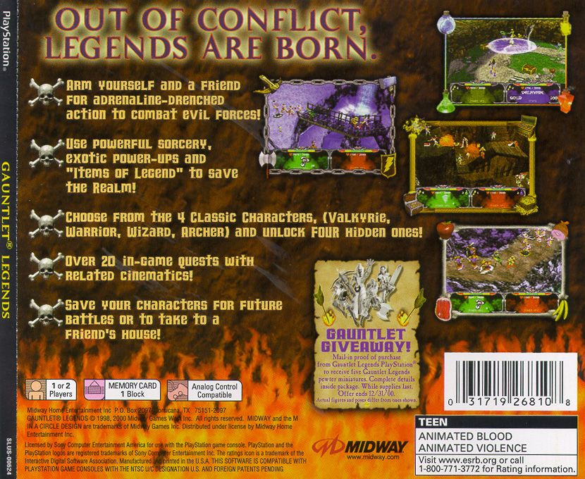 
Gauntlet: Legends | PlayStation | back cover | Region: North America | source-country=United States | Data by MobyGames.com