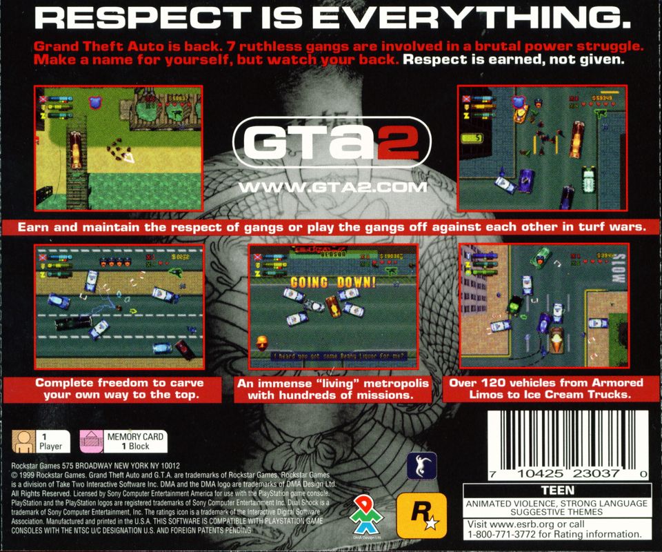 Grand Theft Auto 2 | PlayStation | back cover | Region: North America | source-country=Canada,United States | Data by MobyGames.com