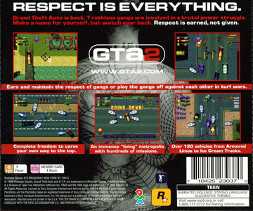 
Grand Theft Auto 2 | PlayStation | back cover | Region: North America | source-country=Canada,United States | Data by MobyGames.com