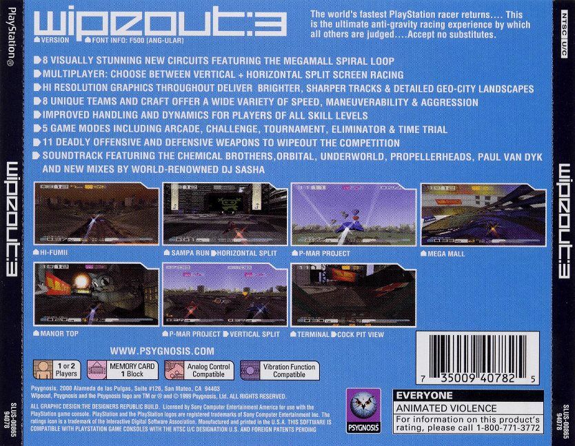 
WipEout 3 | PlayStation | back cover | Data by MobyGames.com