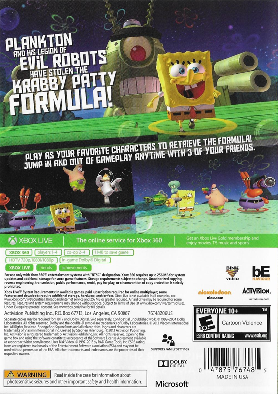 
SpongeBob SquarePants: Plankton's Robotic Revenge | Xbox 360 | back cover | Data by MobyGames.com