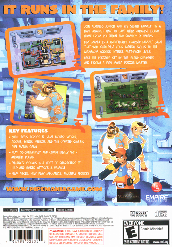 Pipe Mania | PlayStation 2 | back cover | region=North America | source-country=United States | zypher-v2 | moby-a5f3db5d50f2 | Data by MobyGames.com