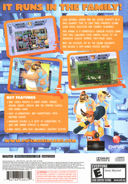 Pipe Mania | PlayStation 2 | back cover | region=North America | source-country=United States | zypher-v2 | moby-a5f3db5d50f2 | Data by MobyGames.com