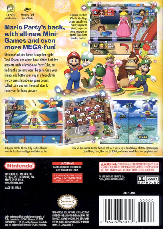 
Mario Party 4 | GameCube | back cover | Region: North America | source-country=Canada,Mexico,United States | Data by MobyGames.com