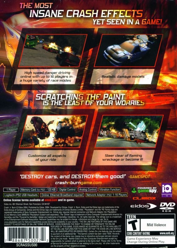Crash 'N' Burn | PlayStation 2 | back cover | region=North America | source-country=Canada,United States | zypher-v2 | moby-a7db85942c02 | Data by MobyGames.com