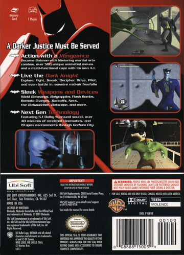 Batman: Vengeance | GameCube | back cover | region=North America | source-country=Canada,Mexico,Other,United States | zypher-v2 | moby-0efe524b7a7e | Data by MobyGames.com