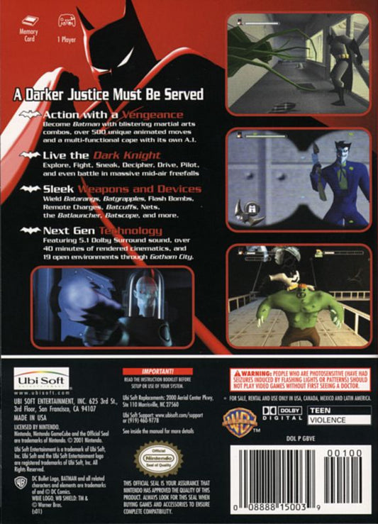 Batman: Vengeance | GameCube | back cover | region=North America | source-country=Canada,Mexico,Other,United States | zypher-v2 | moby-0efe524b7a7e | Data by MobyGames.com