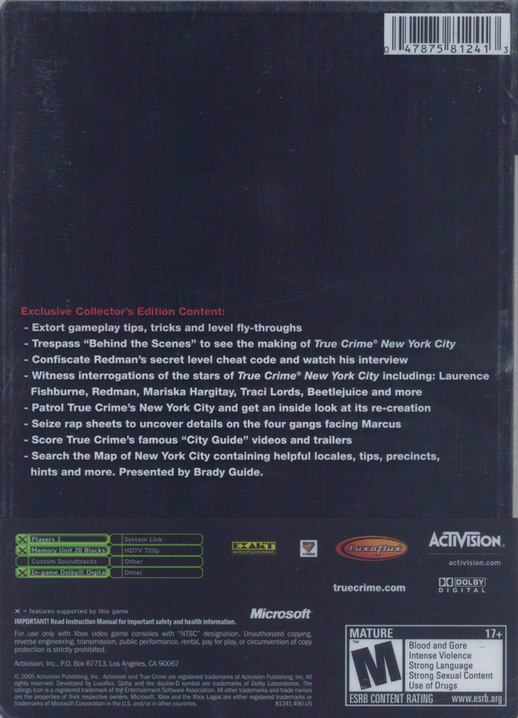 
True Crime: New York City (Collector's Edition) | Xbox | back cover | Data by MobyGames.com