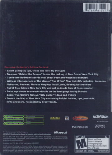 
True Crime: New York City (Collector's Edition) | Xbox | back cover | Data by MobyGames.com
