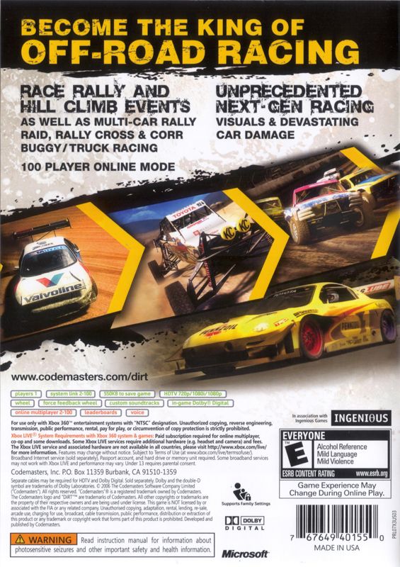 
DiRT | Xbox 360 | back cover | Data by MobyGames.com