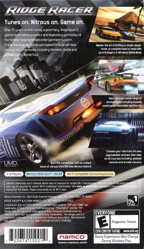 Ridge Racer | PSP | back cover | region=North America | source-country=United States | zypher-v2 | moby-f6be23cfabbc | Data by MobyGames.com