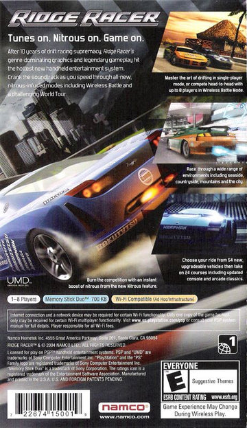 Ridge Racer | PSP | back cover | region=North America | source-country=United States | zypher-v2 | moby-f6be23cfabbc | Data by MobyGames.com