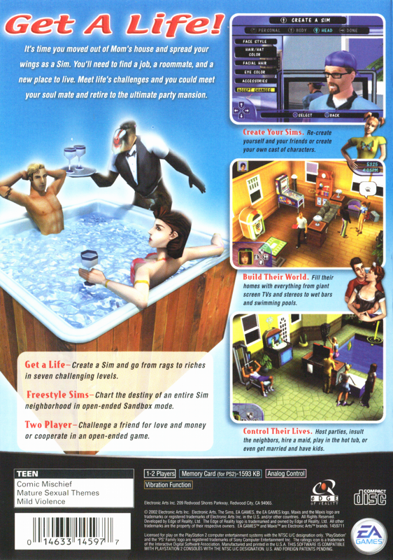 The Sims | PlayStation 2 | back cover | region=North America | source-country=Canada,United States | zypher-v2 | moby-533de302de1b | Data by MobyGames.com