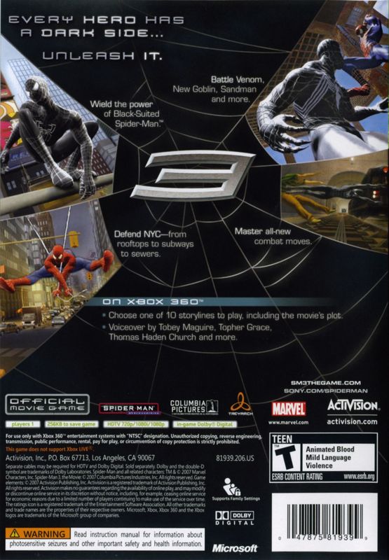 
Spider-Man 3 | Xbox 360 | back cover | Data by MobyGames.com